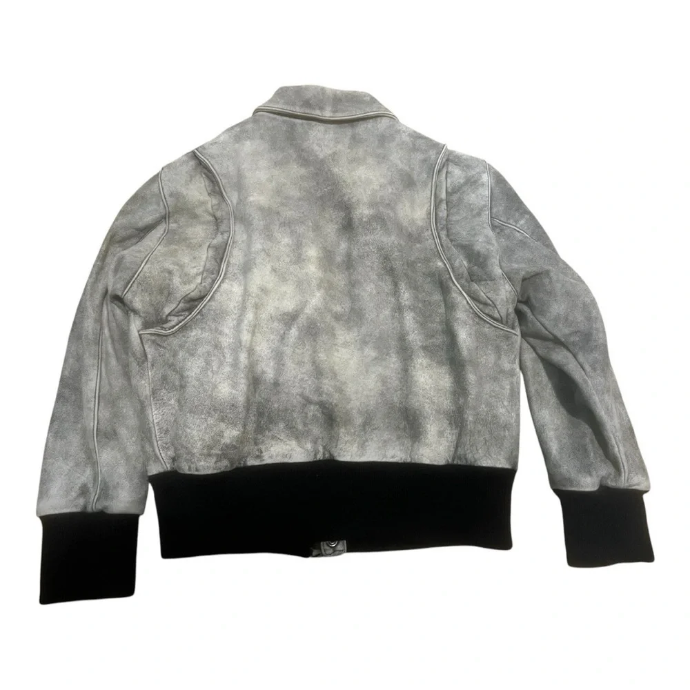 Oxford Leather Moto Bomber Jacket Gray Plaid Lined Medium Large